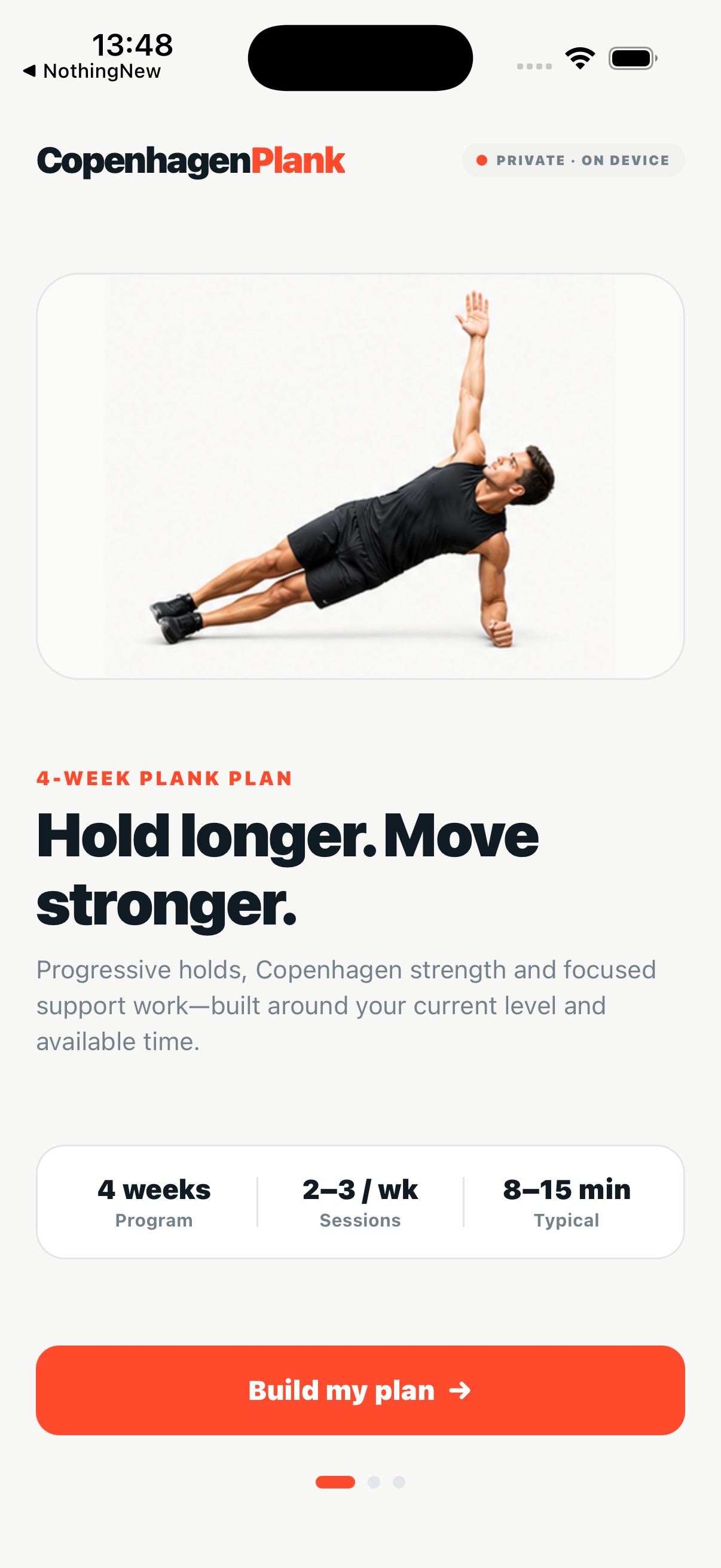 Plank Workout onboarding screen with a side plank guide and four-week plan summary