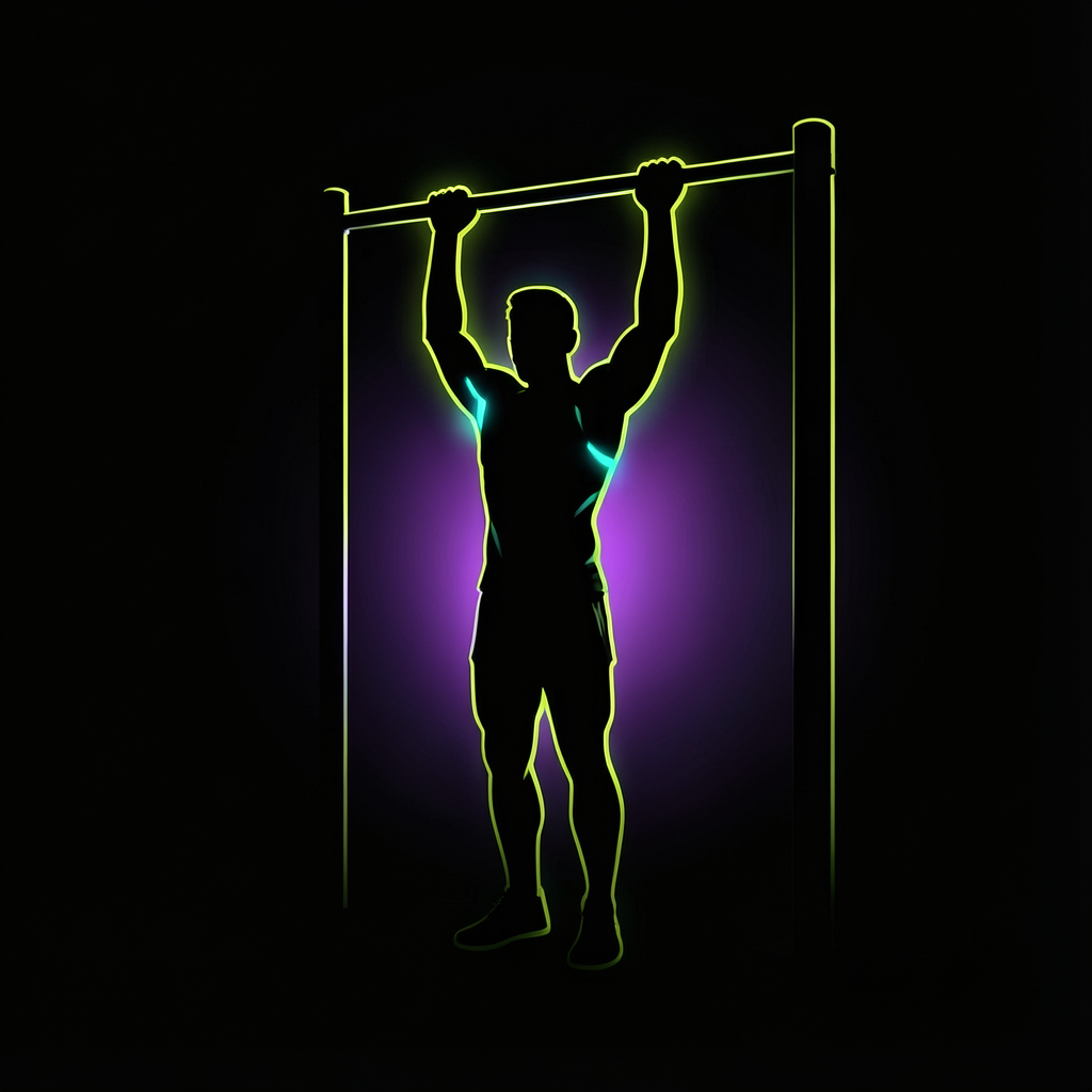 Neon çizgilerle barfiks demirinde kontrollü şekilde asılı duran sporcu.